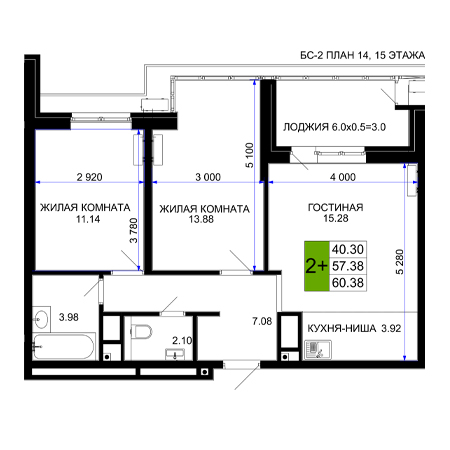 2 комнатная 60.38м²