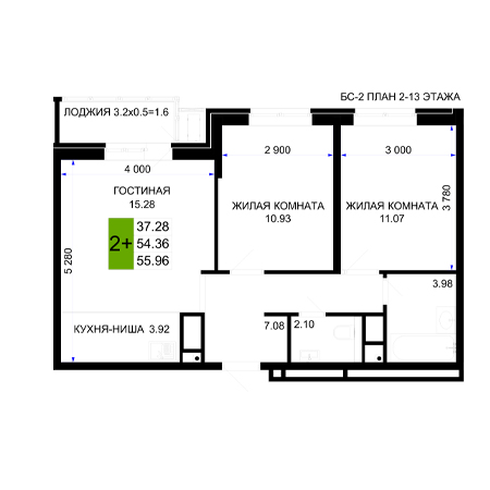 2 комнатная 55.96м²