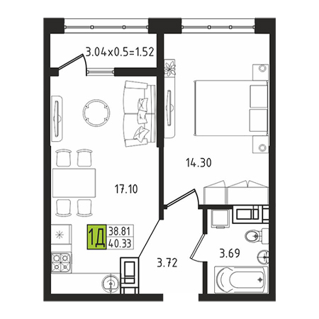 1 комнатная 40.33м²