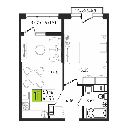 1 комнатная 41.96м²