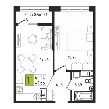 1 комнатная 41.65м²