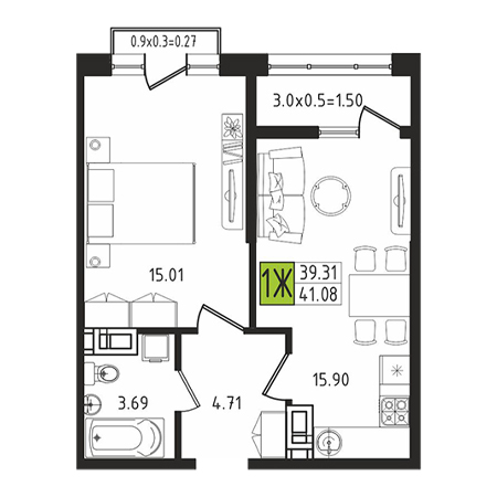 1 комнатная 41.08м²