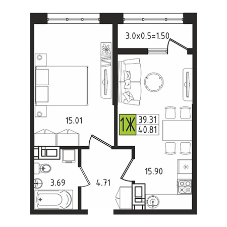 1 комнатная 40.81м²