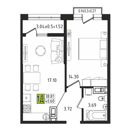 1 комнатная 40.6м²