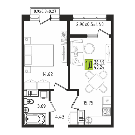 1 комнатная 40.24м²