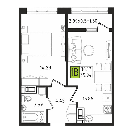 1 комнатная 39.94м²