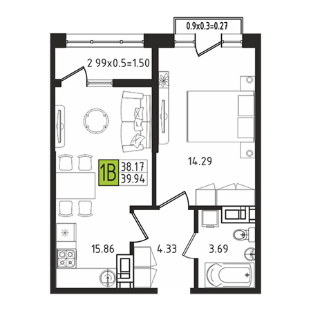 1 комнатная 39.94м²