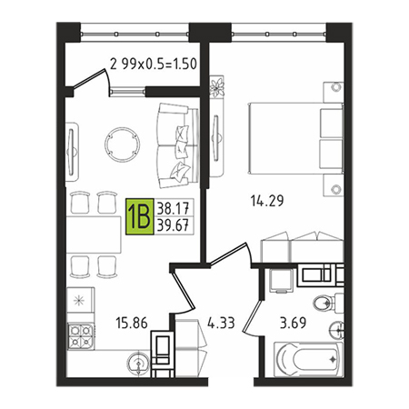 1 комнатная 39.67м²