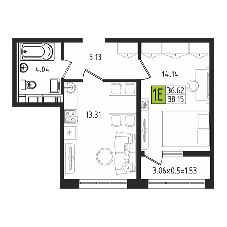 1 комнатная 38.15м²