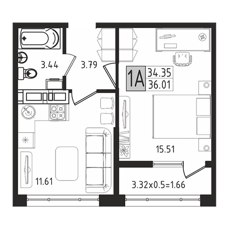 1 комнатная 36.01м²