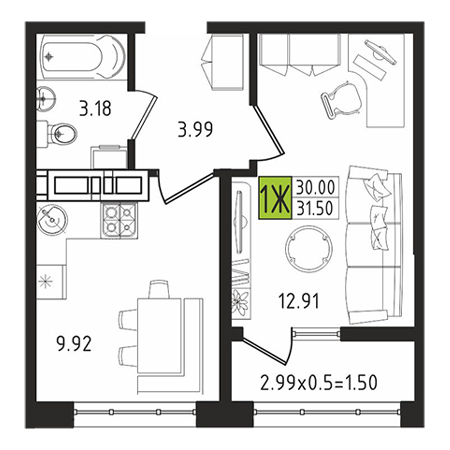 1 комнатная 31.5м²