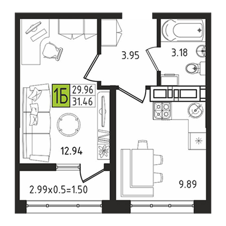 1 комнатная 31.46м²