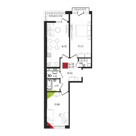 2 комнатная 66.73м²