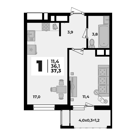 1 комнатная 37.3м²