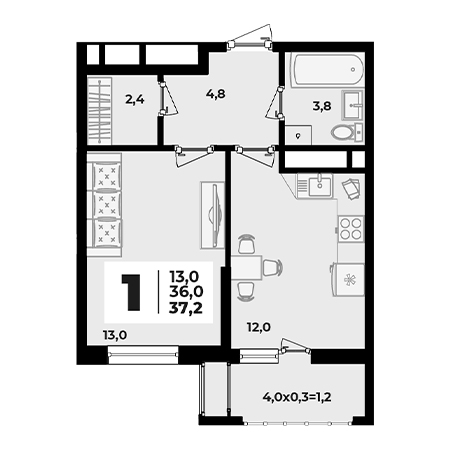 1 комнатная 37.2м²