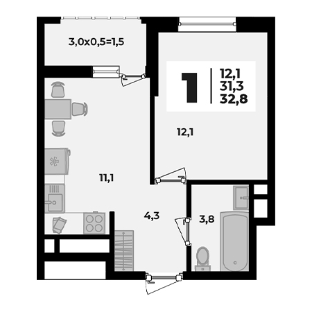 1 комнатная 32.8м²