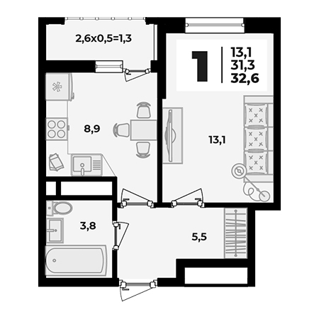 1 комнатная 32.6м²