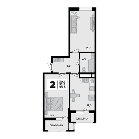 2 комнатная 55.9м²