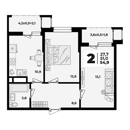 2 комнатная 54.9м²