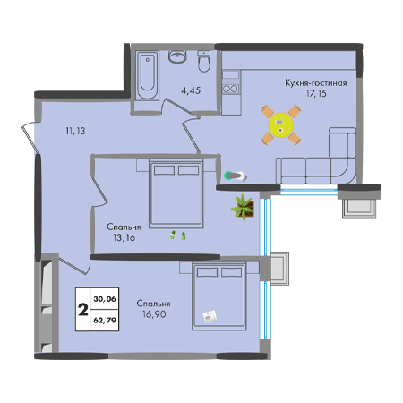 2 комнатная 62.79м²