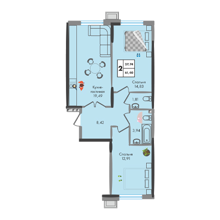 2 комнатная 61.4м²