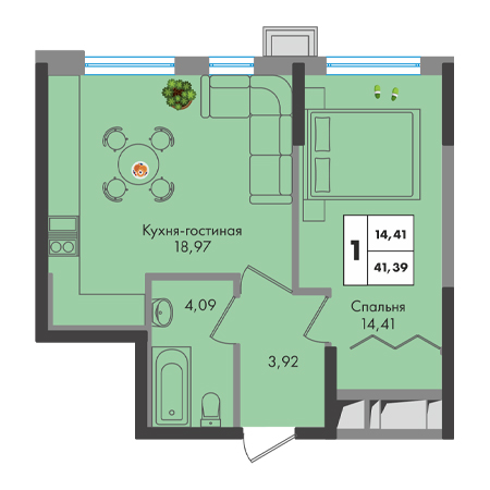 1 комнатная 41.39м²