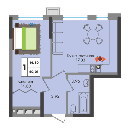 1 комнатная 40.01м²