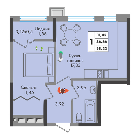 1 комнатная 38.22м²