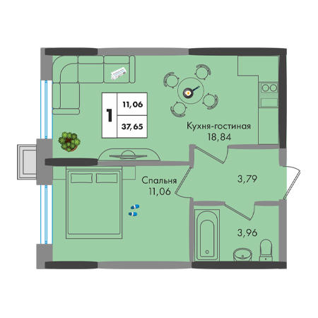 1 комнатная 37.65м²