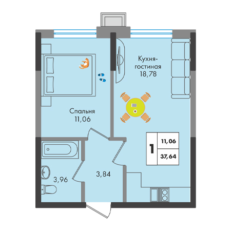 1 комнатная 37.64м²