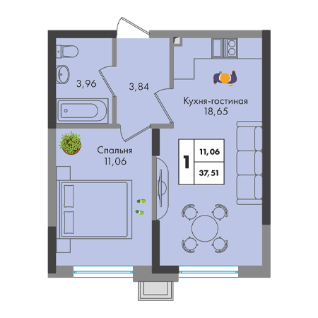 1 комнатная 37.51м²