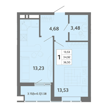 1 комнатная 36.5м²