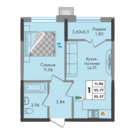 1 комнатная 35.57м²