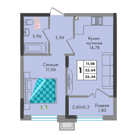 1 комнатная 35.44м²