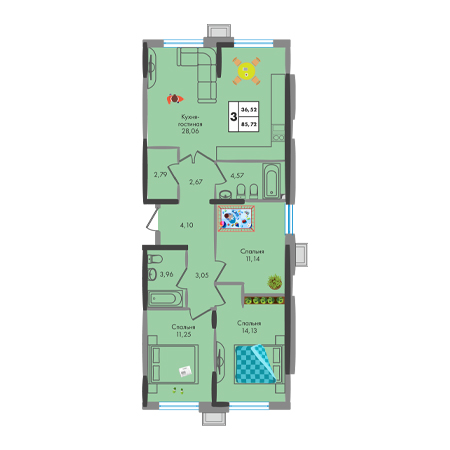 3 комнатная 85.72м²