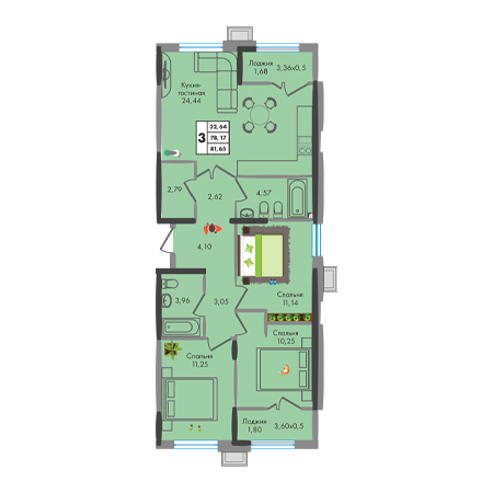 3 комнатная 81.65м²