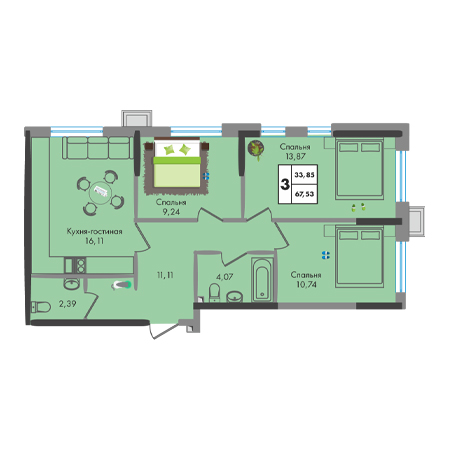 3 комнатная 67.53м²