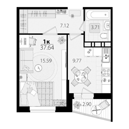 1 комнатная 37.64м²