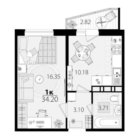 1 комнатная 34.2м²