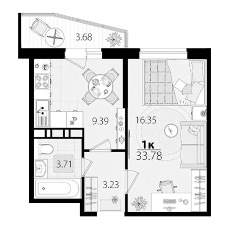 1 комнатная 33.78м²