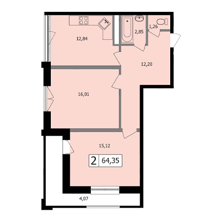 2 комнатная 64.35м²