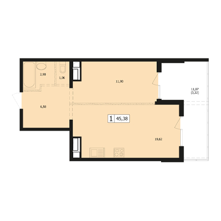 1 комнатная 45.38м²