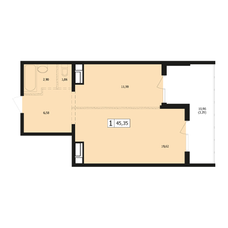 1 комнатная 45.35м²