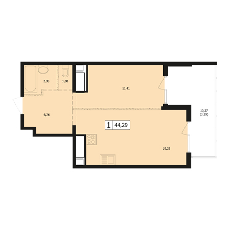 1 комнатная 44.29м²