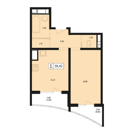 1 комнатная 39.42м²