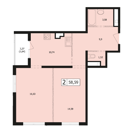 2 комнатная 58.59м²