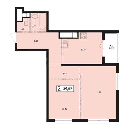 2 комнатная 54.67м²