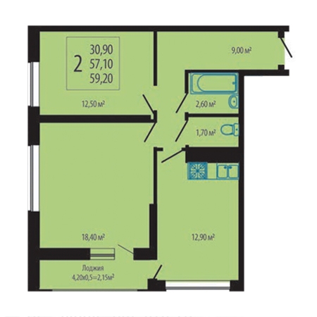 2 комнатная 59.2м²