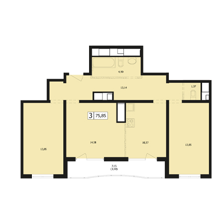 3 комнатная 75.85м²