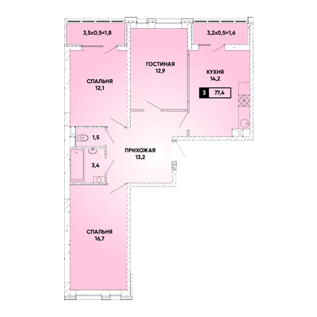 3 комнатная 77.4м²